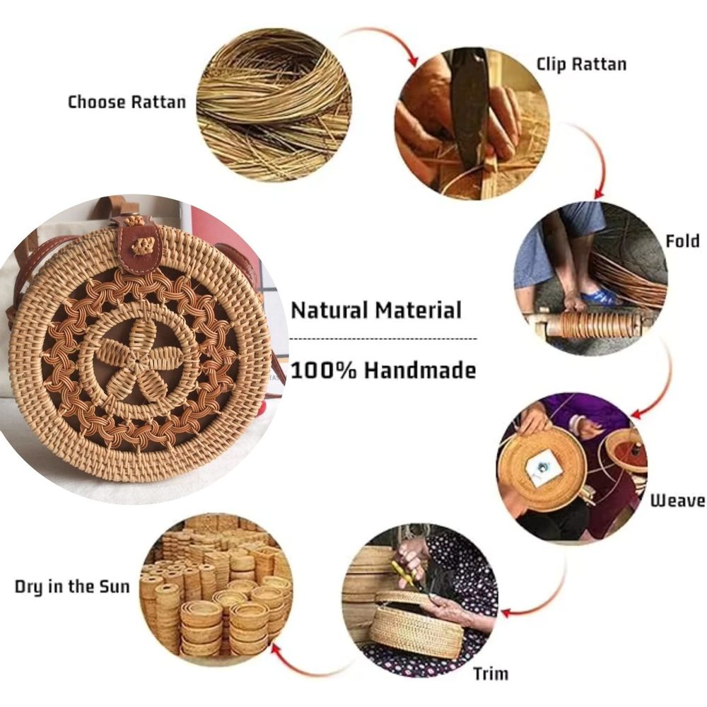 Handwoven Round Rattan Purse With Leather Strap Boho Straw Crossbody :O - Picture 2 of 8